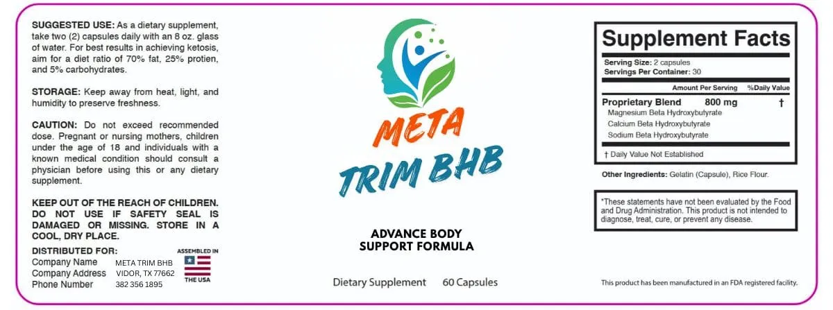 MetaTrim BHB supplement facts label